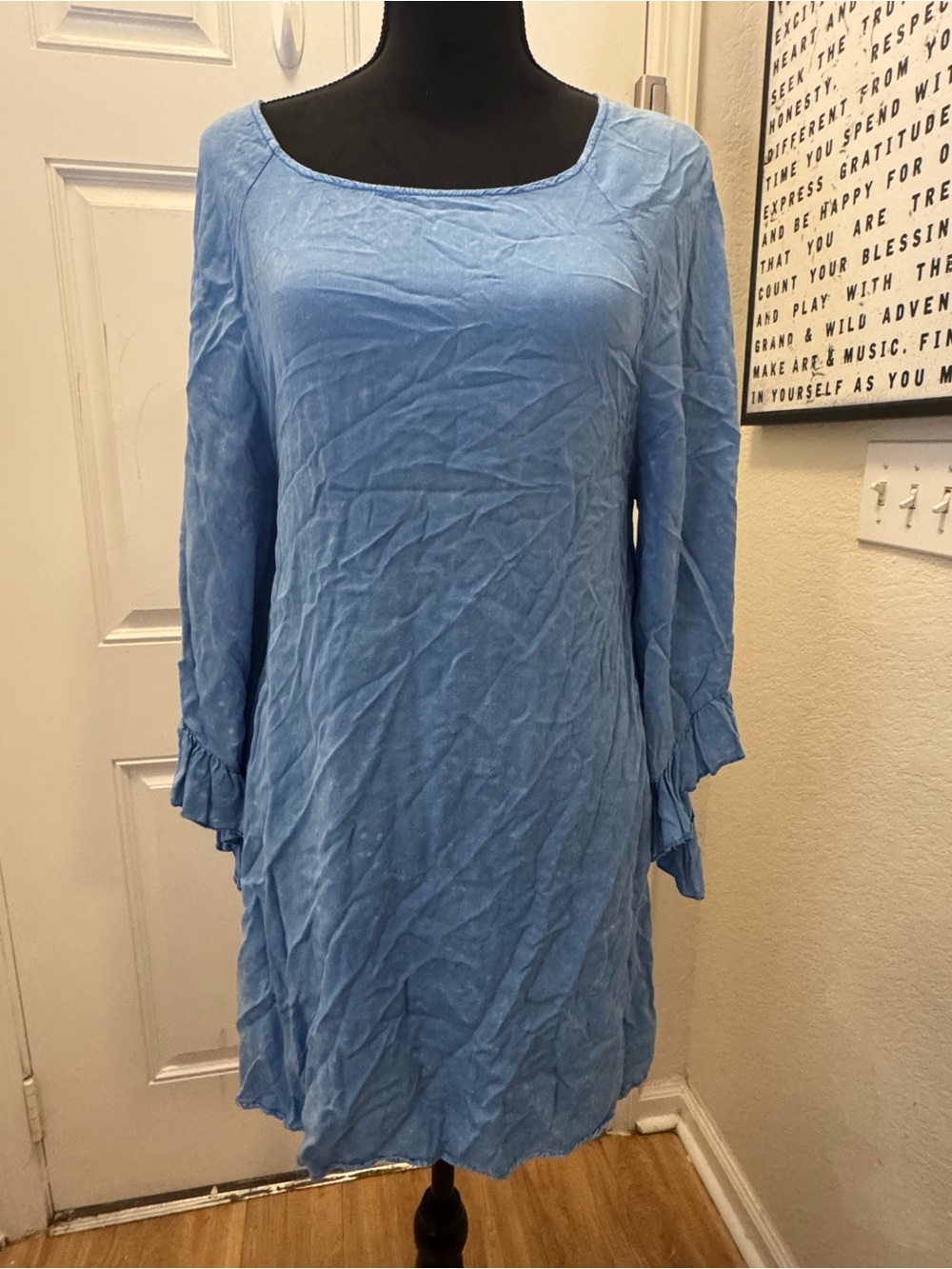 Umgee Sky Blue Long Sleeve Square Neck Ruffle Sleeve Tunic Dress 0548